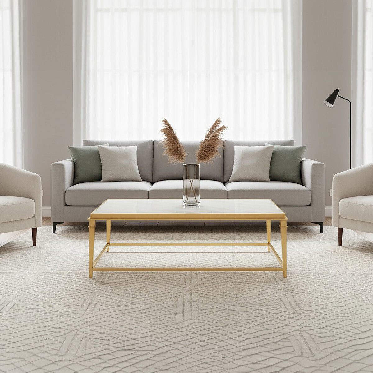Rectangular White Marble Coffee Table with Warm Gold Stainless Steel Frame | Alvaro