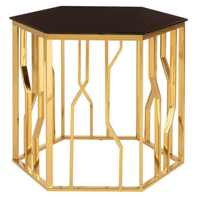 Gold Tone Stainless Steel Hexagonal Side Table with Black Glass Top | Alvaro