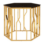 Gold Tone Stainless Steel Hexagonal Side Table with Black Glass Top | Alvaro