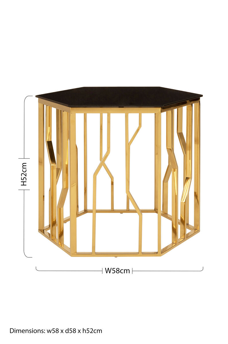 Gold Tone Stainless Steel Hexagonal Side Table with Black Glass Top | Alvaro