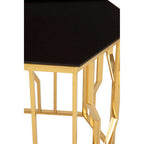 Gold Tone Stainless Steel Hexagonal Side Table with Black Glass Top | Alvaro