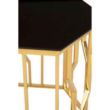 Gold Tone Stainless Steel Hexagonal Side Table with Black Glass Top | Alvaro