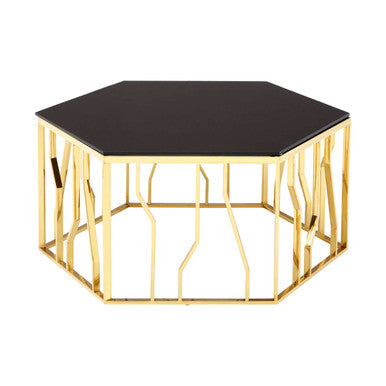 Gold Tone Stainless Steel Hexagonal Coffee Table with Black Glass Top | Alvaro