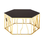 Gold Tone Stainless Steel Hexagonal Coffee Table with Black Glass Top | Alvaro
