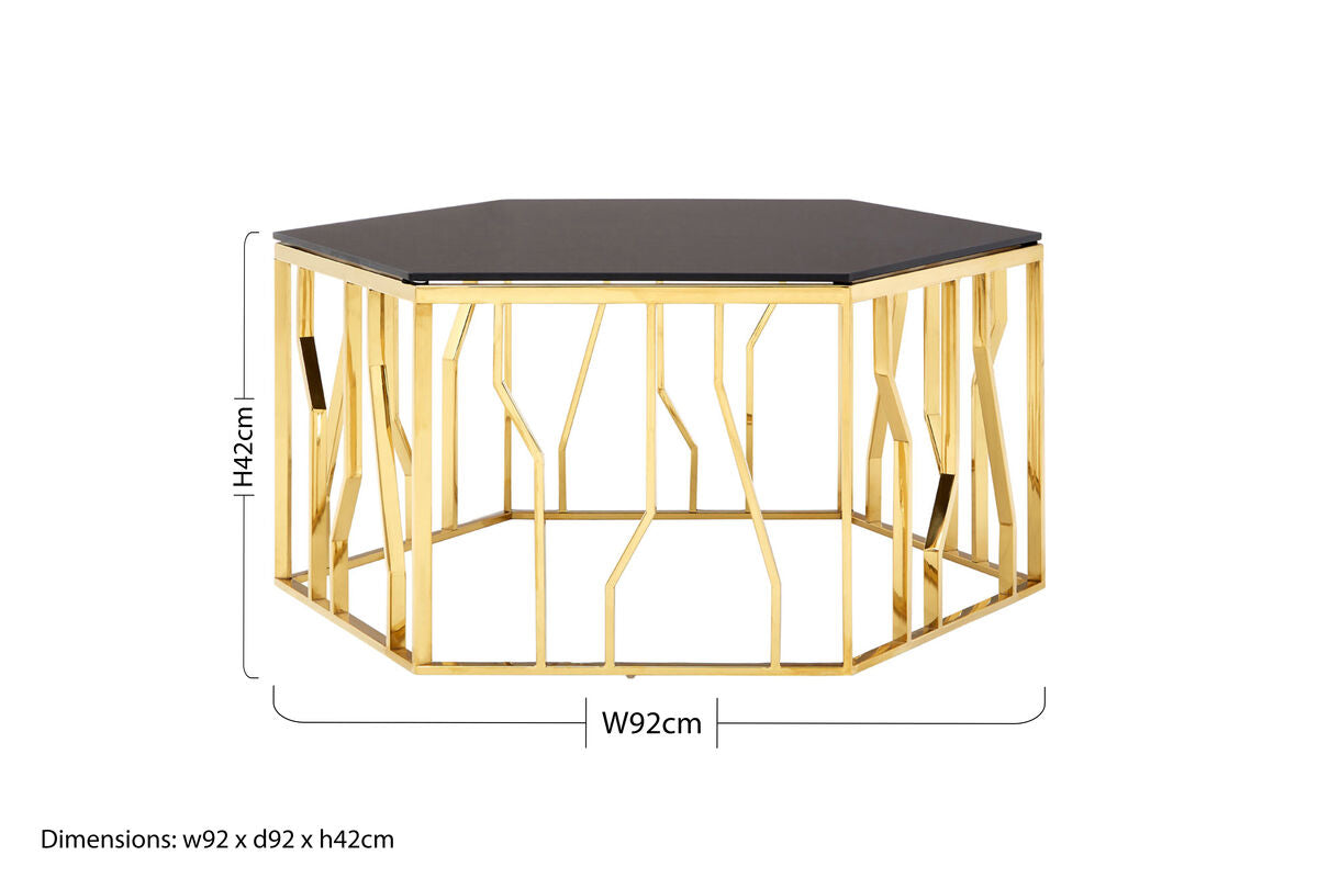 Gold Tone Stainless Steel Hexagonal Coffee Table with Black Glass Top | Alvaro