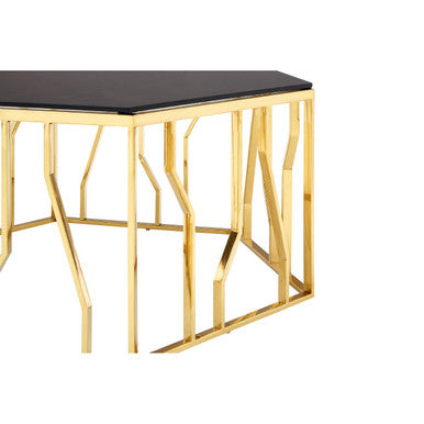 Gold Tone Stainless Steel Hexagonal Coffee Table with Black Glass Top | Alvaro