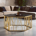 Gold Tone Stainless Steel Hexagonal Coffee Table with Black Glass Top | Alvaro