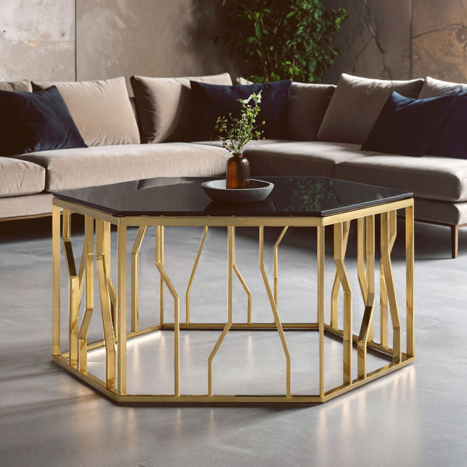 Gold Tone Stainless Steel Hexagonal Coffee Table with Black Glass Top | Alvaro