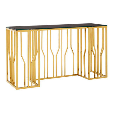 Gold Stainless Steel Frame Console Table with Black Tempered Glass Top | Alvaro