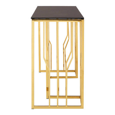 Gold Stainless Steel Frame Console Table with Black Tempered Glass Top | Alvaro