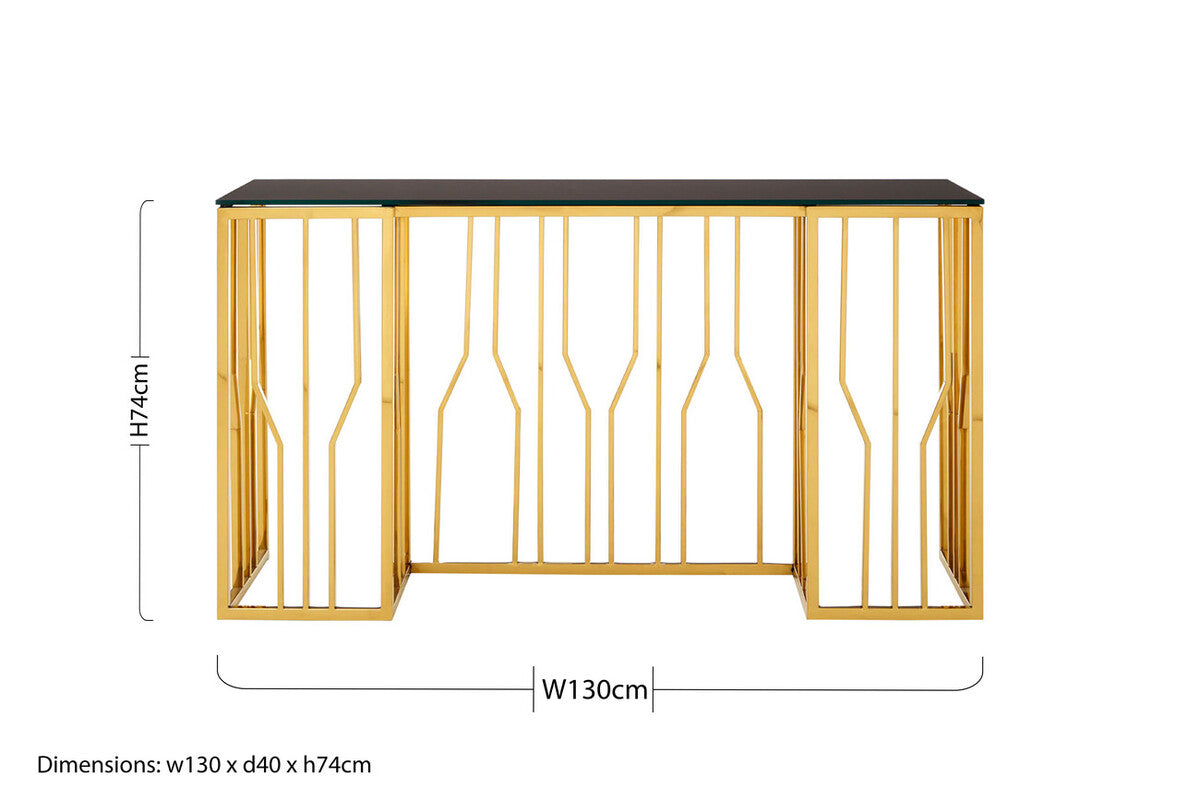 Gold Stainless Steel Frame Console Table with Black Tempered Glass Top | Alvaro