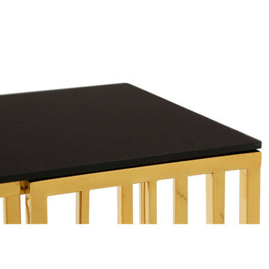 Gold Stainless Steel Frame Console Table with Black Tempered Glass Top | Alvaro