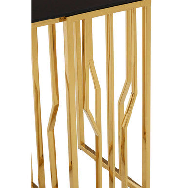 Gold Stainless Steel Frame Console Table with Black Tempered Glass Top | Alvaro