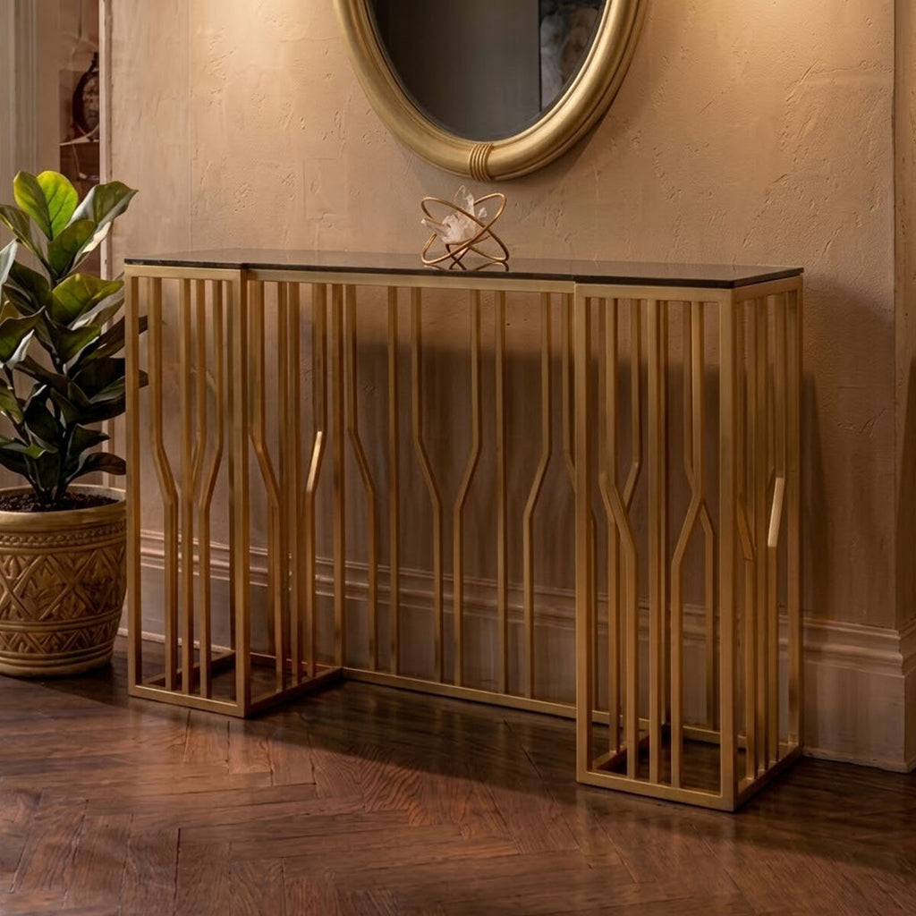 Gold Stainless Steel Frame Console Table with Black Tempered Glass Top | Alvaro