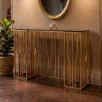 Gold Stainless Steel Frame Console Table with Black Tempered Glass Top | Alvaro