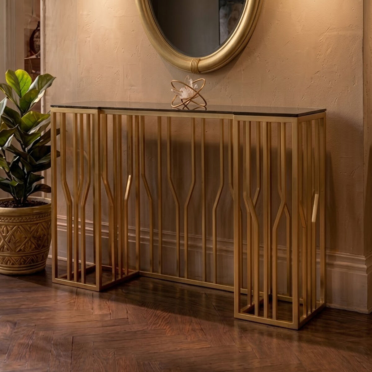 Gold Stainless Steel Frame Console Table with Black Tempered Glass Top | Alvaro