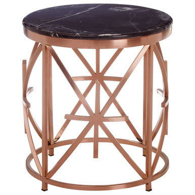 Rose Gold Finish Stainless Steel Frame Side Table with Black Marble Top | Alvaro