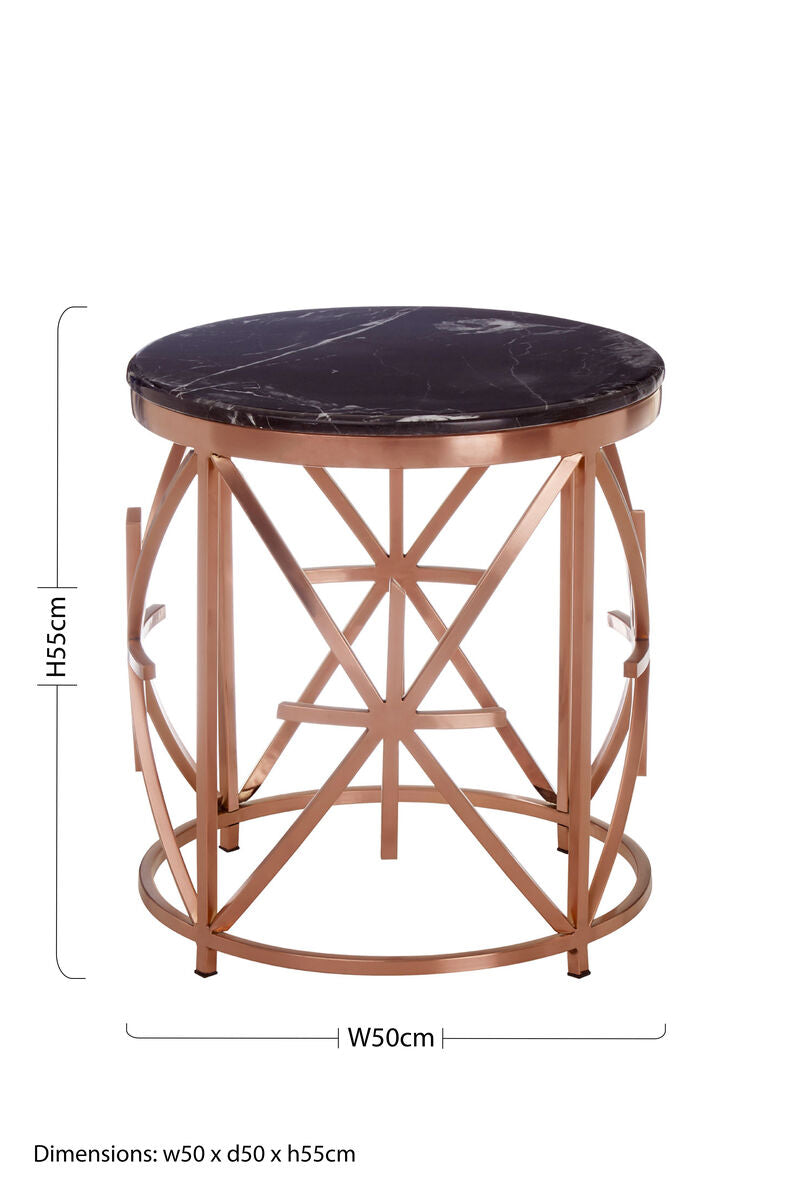 Rose Gold Finish Stainless Steel Frame Side Table with Black Marble Top | Alvaro