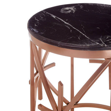 Rose Gold Finish Stainless Steel Frame Side Table with Black Marble Top | Alvaro
