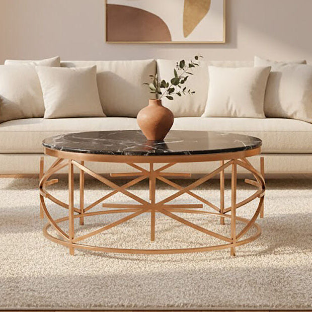 Rose Gold Finish Stainless Steel Frame Coffee Table with Black Marble Top | Alvaro