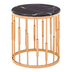Round Rose Gold Copper Finish Frame Side Table with Black Marble Top | Alvaro