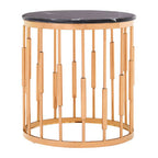 Round Rose Gold Copper Finish Frame Side Table with Black Marble Top | Alvaro