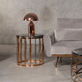 Round Rose Gold Copper Finish Frame Side Table with Black Marble Top | Alvaro
