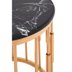 Round Rose Gold Copper Finish Frame Side Table with Black Marble Top | Alvaro