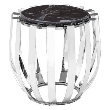 Black Marble Top Side Table Chrome Stainless Steel Barrel Frame | Alvaro
