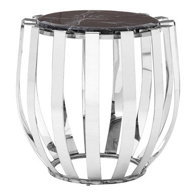 Black Marble Top Side Table Chrome Stainless Steel Barrel Frame | Alvaro