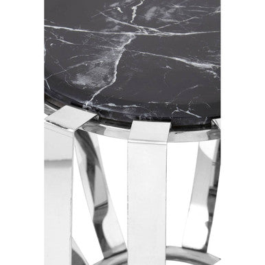 Black Marble Top Side Table Chrome Stainless Steel Barrel Frame | Alvaro