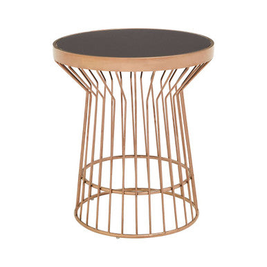 Boutique Style Copper Finish Round Side Table Black Glass Top, Alvaro