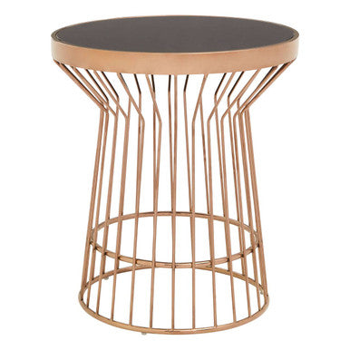 Boutique Style Copper Finish Round Side Table Black Glass Top, Alvaro