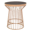 Boutique Style Copper Finish Round Side Table Black Glass Top, Alvaro