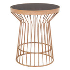 Boutique Style Copper Finish Round Side Table Black Glass Top, Alvaro