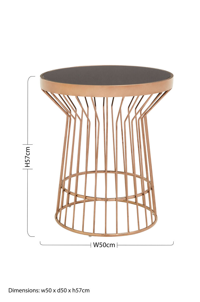 Boutique Style Copper Finish Round Side Table Black Glass Top, Alvaro