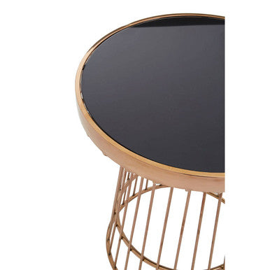 Boutique Style Copper Finish Round Side Table Black Glass Top, Alvaro