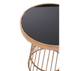 Boutique Style Copper Finish Round Side Table Black Glass Top, Alvaro