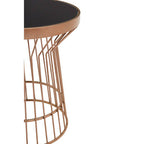 Boutique Style Copper Finish Round Side Table Black Glass Top, Alvaro