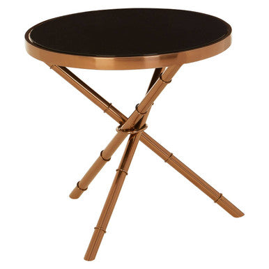 Black Glass Top Round Side Table with Rose Gold Iron Legs Ring Detail, Alvaro