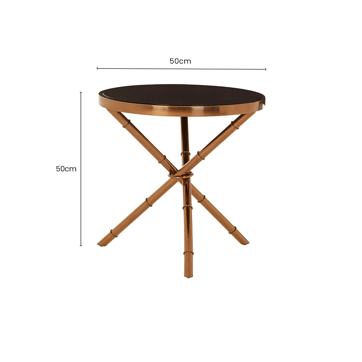 Black Glass Top Round Side Table with Rose Gold Iron Legs Ring Detail, Alvaro