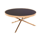 Black Glass Top Round Coffee Table with Rose Gold Iron Legs Ring Detail | Alvaro