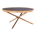 Black Glass Top Round Coffee Table with Rose Gold Iron Legs Ring Detail | Alvaro