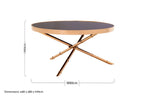 Black Glass Top Round Coffee Table with Rose Gold Iron Legs Ring Detail | Alvaro