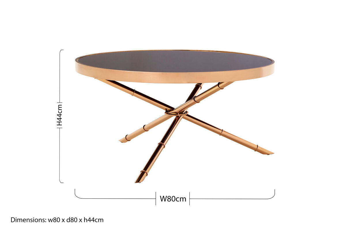 Black Glass Top Round Coffee Table with Rose Gold Iron Legs Ring Detail | Alvaro