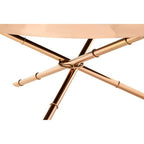 Black Glass Top Round Coffee Table with Rose Gold Iron Legs Ring Detail | Alvaro