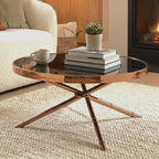 Black Glass Top Round Coffee Table with Rose Gold Iron Legs Ring Detail | Alvaro