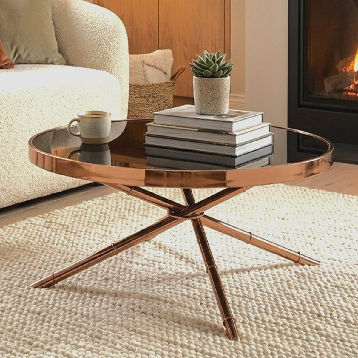 Black Glass Top Round Coffee Table with Rose Gold Iron Legs Ring Detail | Alvaro