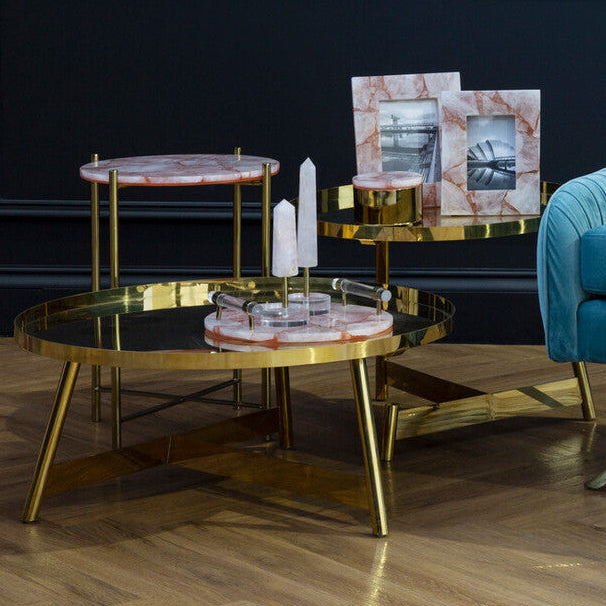 Rose Gold Set of 2 Round Coffee Tables with Angular Asymmetric Frames | Alvaro