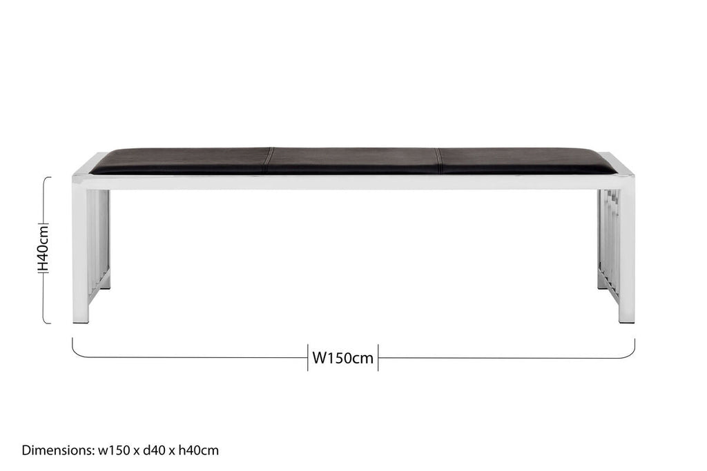 Black Leather Bench with Stainless Steel Frame | Novara